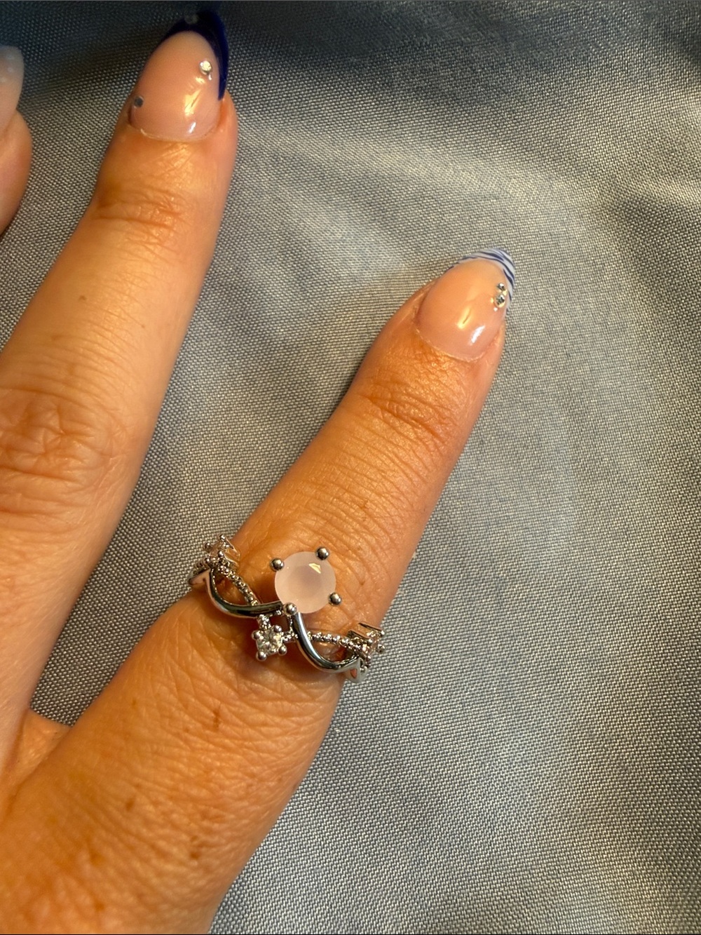 Sterling Silver Pink Opal Twist Ring with CZ Accents
